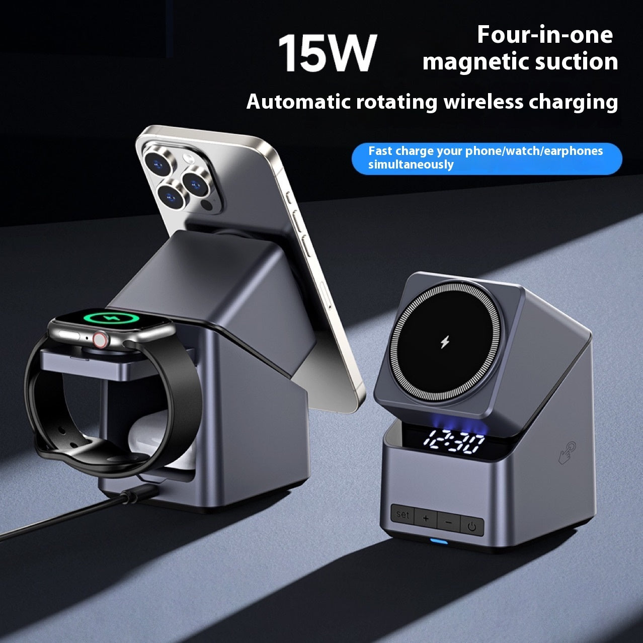 Touch Rotation Adjustment Wireless Charger With Clock