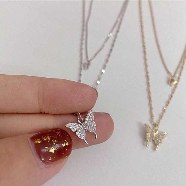Elegant Double‑Layer Butterfly Pendant Necklace – Silver Color Clavicle Chain