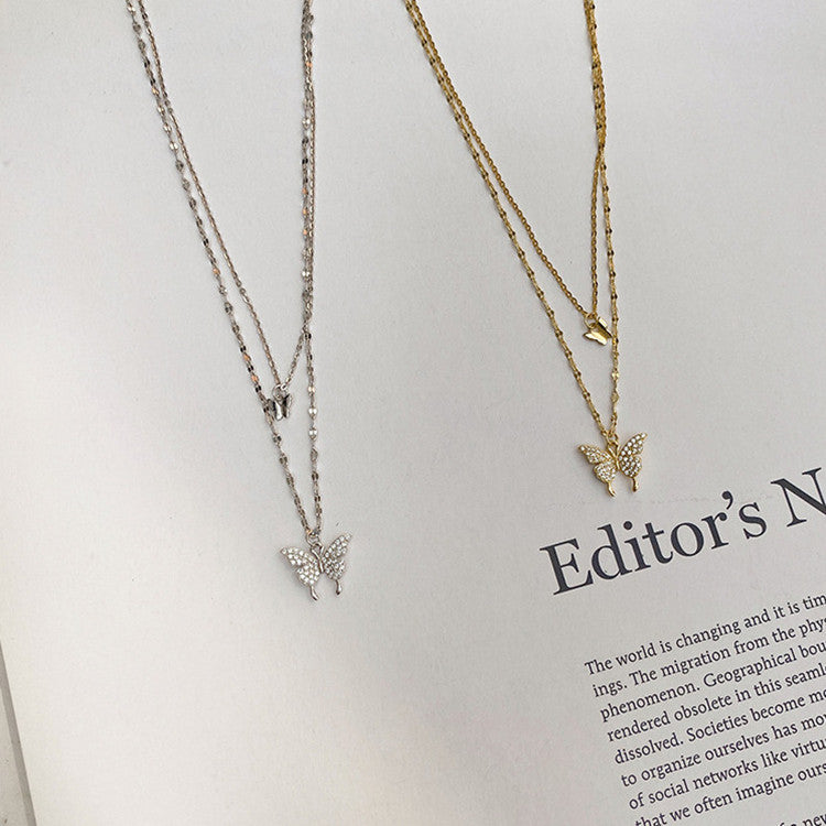 Elegant Double‑Layer Butterfly Pendant Necklace – Silver Color Clavicle Chain