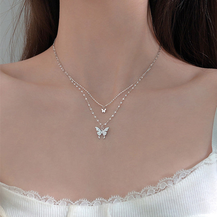 Elegant Double‑Layer Butterfly Pendant Necklace – Silver Color Clavicle Chain