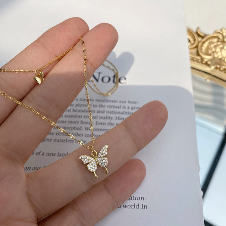Elegant Double‑Layer Butterfly Pendant Necklace – Silver Color Clavicle Chain