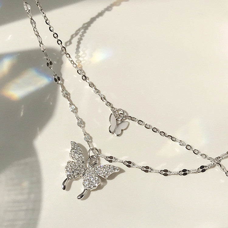 Elegant Double‑Layer Butterfly Pendant Necklace – Silver Color Clavicle Chain