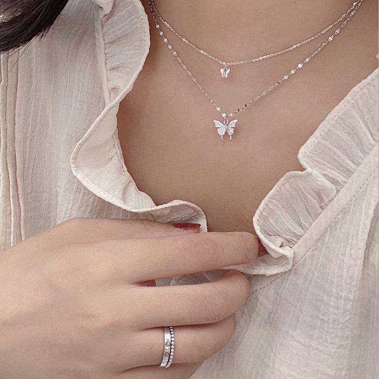 Elegant Double‑Layer Butterfly Pendant Necklace – Silver Color Clavicle Chain