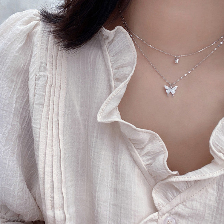 Elegant Double‑Layer Butterfly Pendant Necklace – Silver Color Clavicle Chain