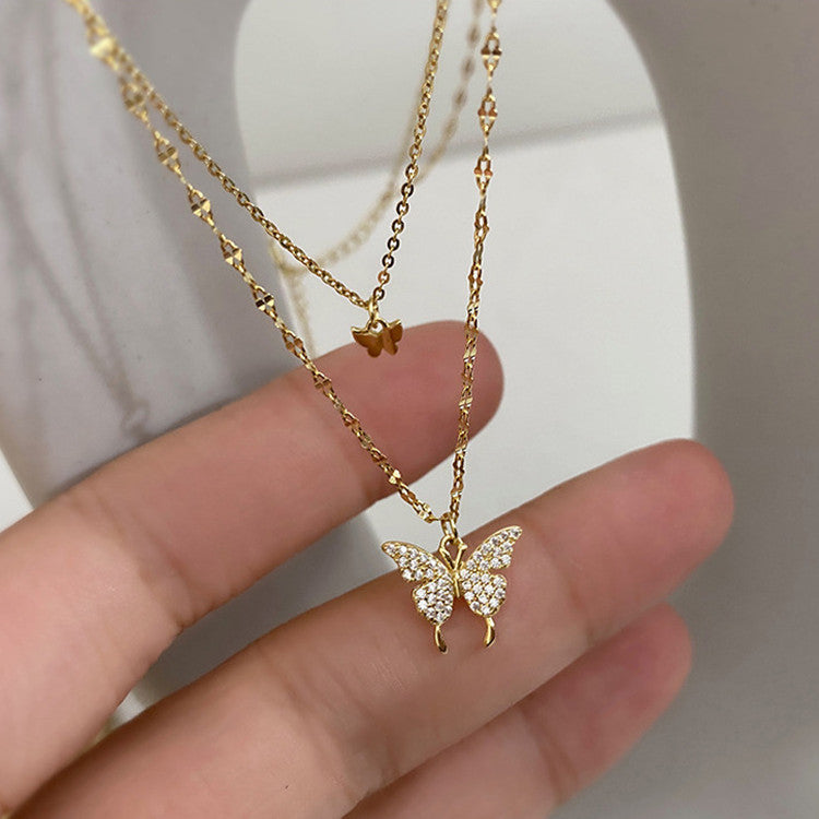 Elegant Double‑Layer Butterfly Pendant Necklace – Silver Color Clavicle Chain