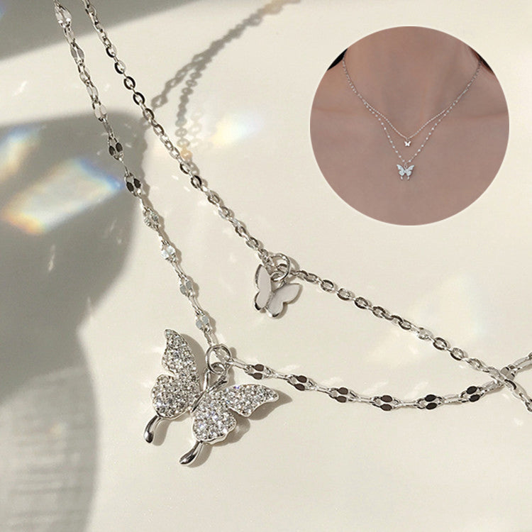Elegant Double‑Layer Butterfly Pendant Necklace – Silver Color Clavicle Chain
