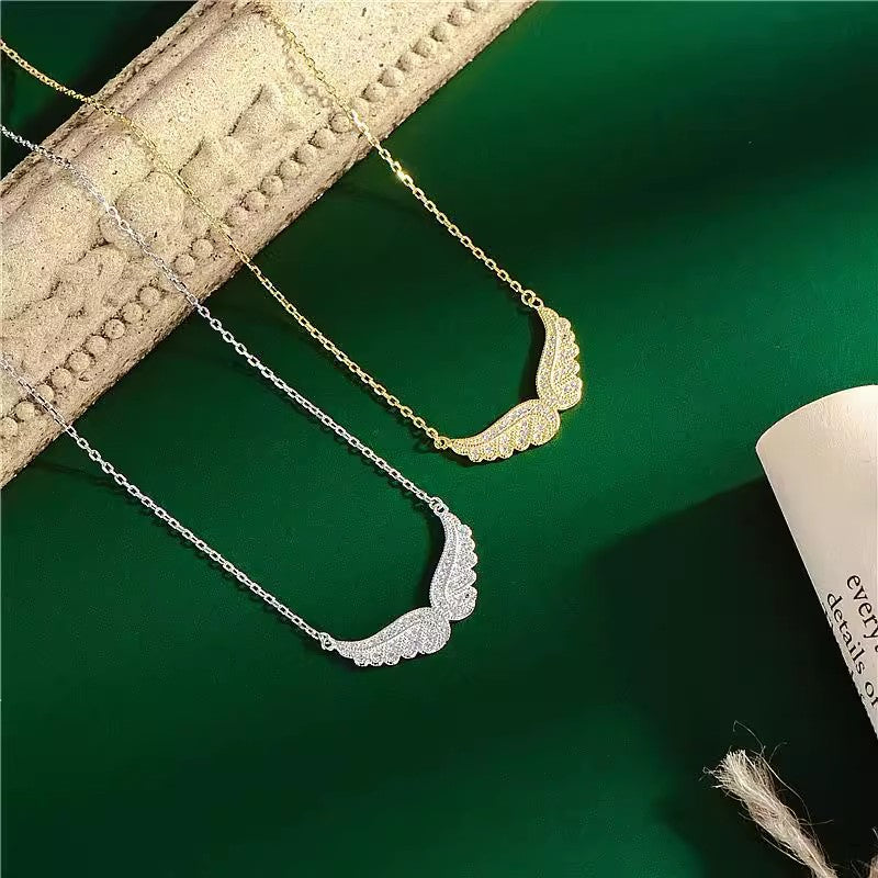 925 Sterling Silver Angel Wings Pendant Necklace – Dainty CZ Clavicle Chain for Women