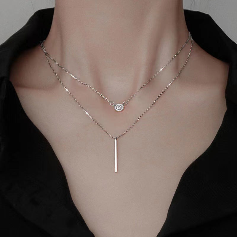 925 Sterling Silver Double‑Chain Zircon Pendant Necklace