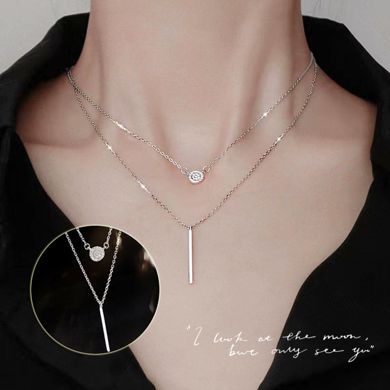 925 Sterling Silver Double‑Chain Zircon Pendant Necklace