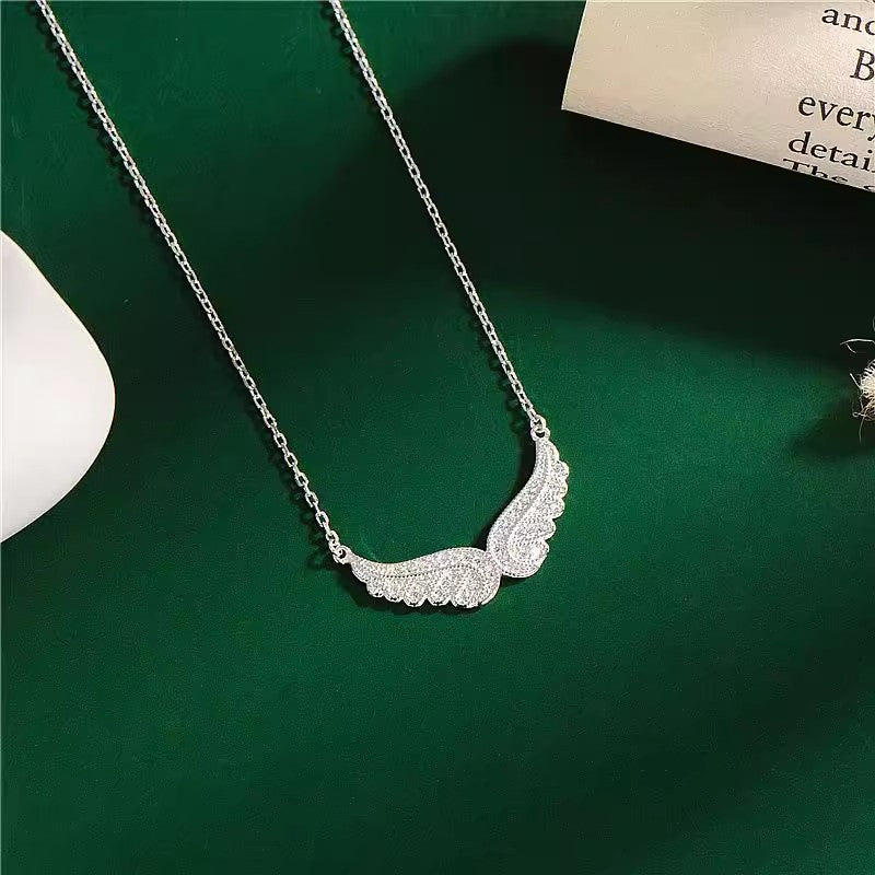 925 Sterling Silver Angel Wings Pendant Necklace – Dainty CZ Clavicle Chain for Women